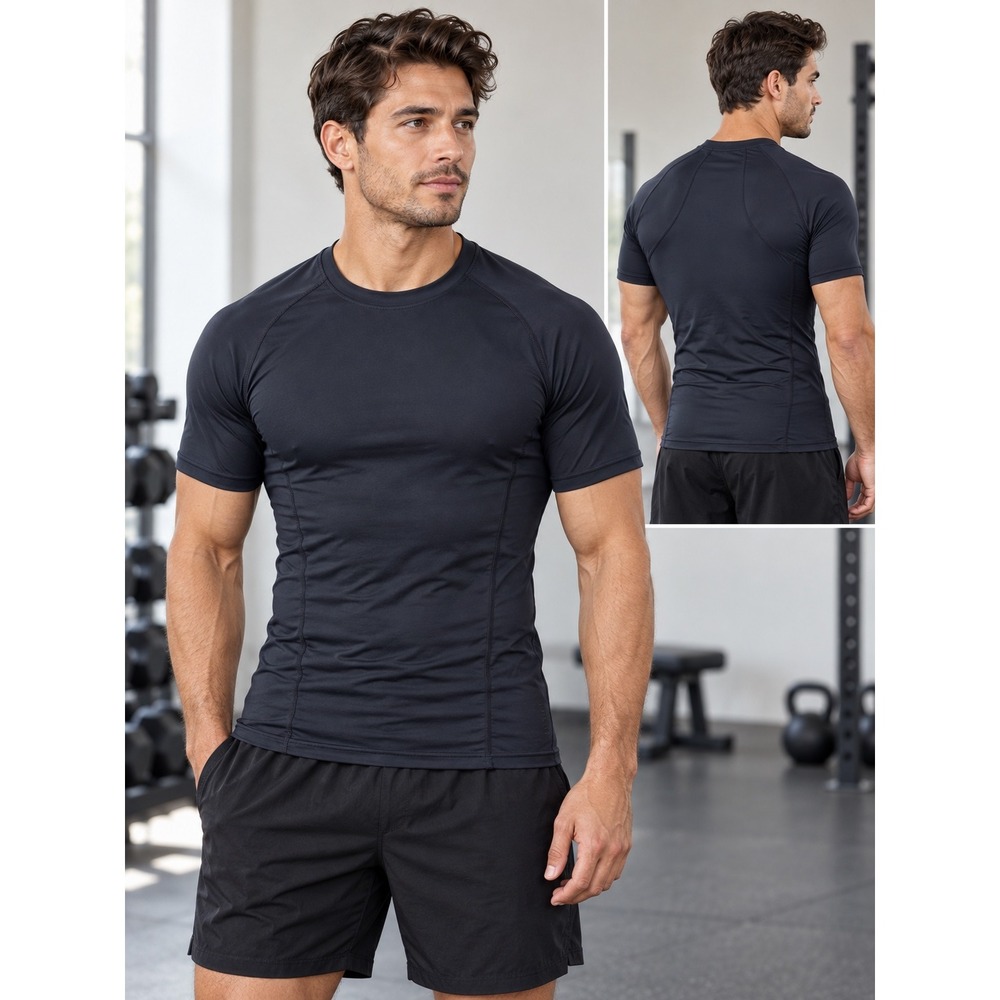 Athlio Mens Compression Shirt Short Sleeve Crew Neck Gym Workout Top Black